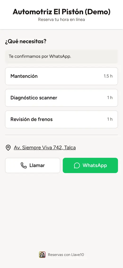 Página de reservas en línea