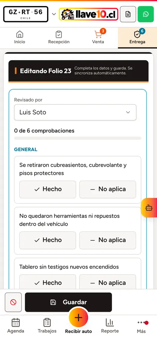 Entrega del vehículo con checklist